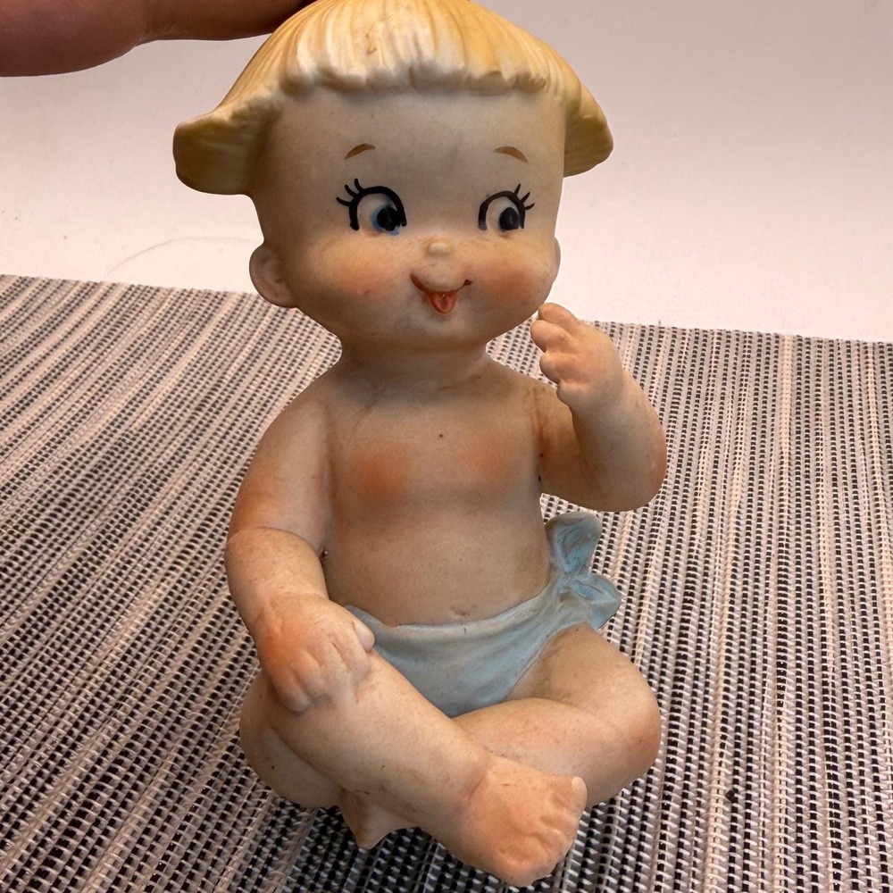 Vintage Lego Japan Bisque Porcelain Sitting Baby Figurine Big Eye Kitsch Blue